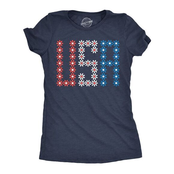 Crazy Dog T-Shirts Tops - Womens Funny T Shirts USA Daisies Cute Fourth Of July Tee For Ladies